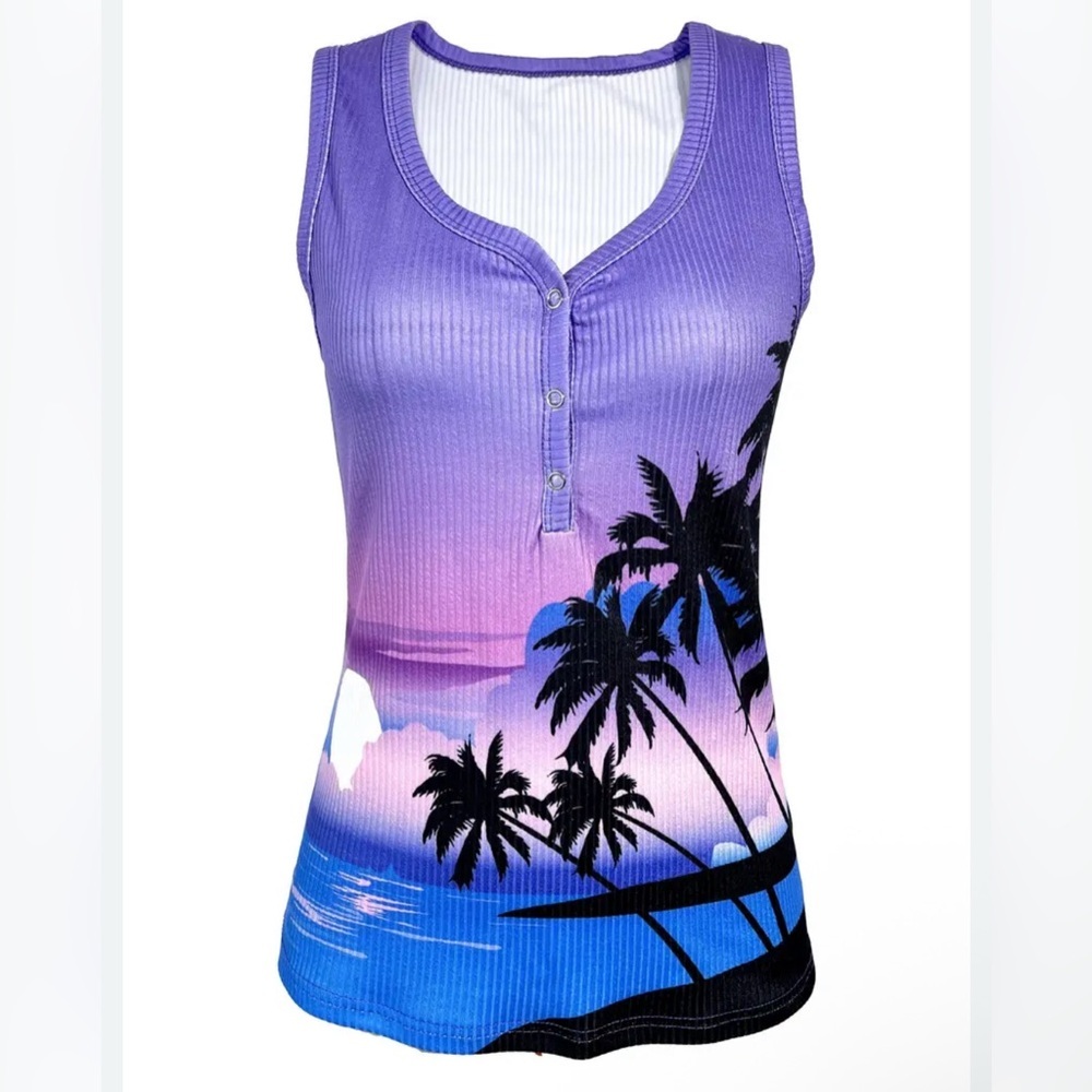 Purple Palm Tree Print Tank Top Size Small